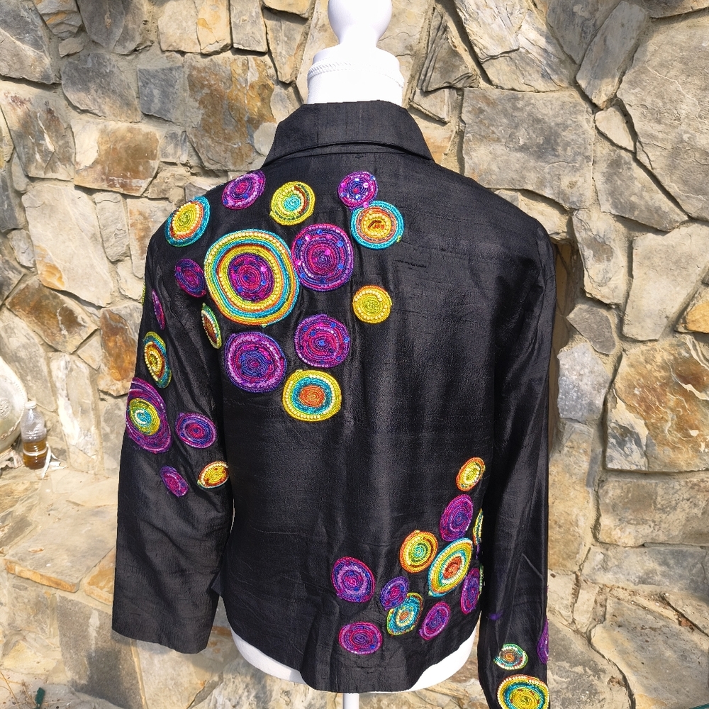 Anage Silk Black Jacket Vintage Art To Wear Embroidered Beaded Size Medium - Picture 3 of 8